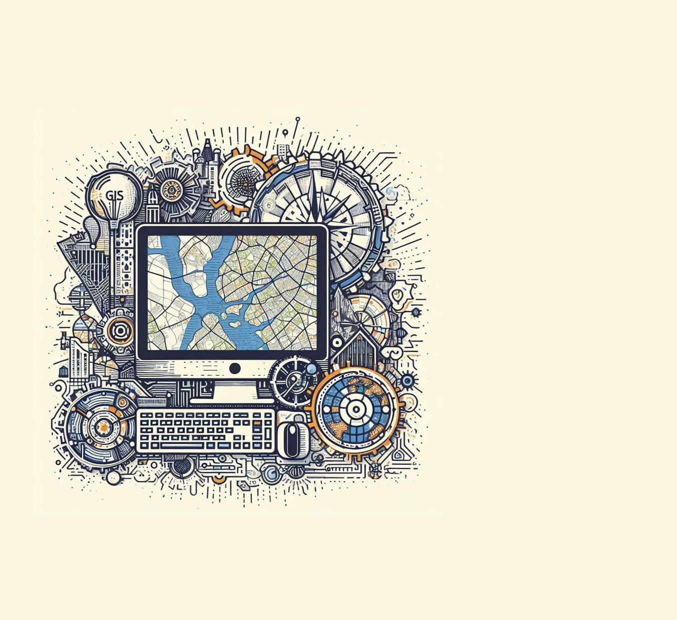 Lijntekening met een computerscherm in het middel, met daarop een geografische kaart. En daaromheen geografische objecten. Gemaakt door DallE.