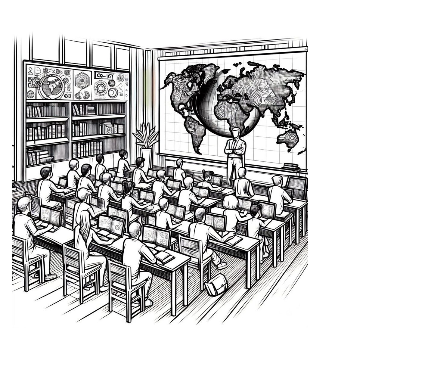 Lijntekening van mensen in een klaslokaal die over Geo-ICT leren. Gemaakt door DallE.