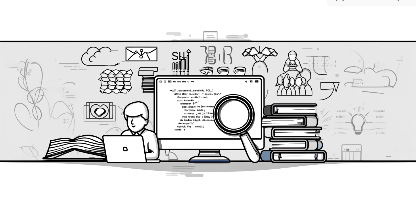 Lijntekening van een computer en iemand die aan het studeren is voor SQL