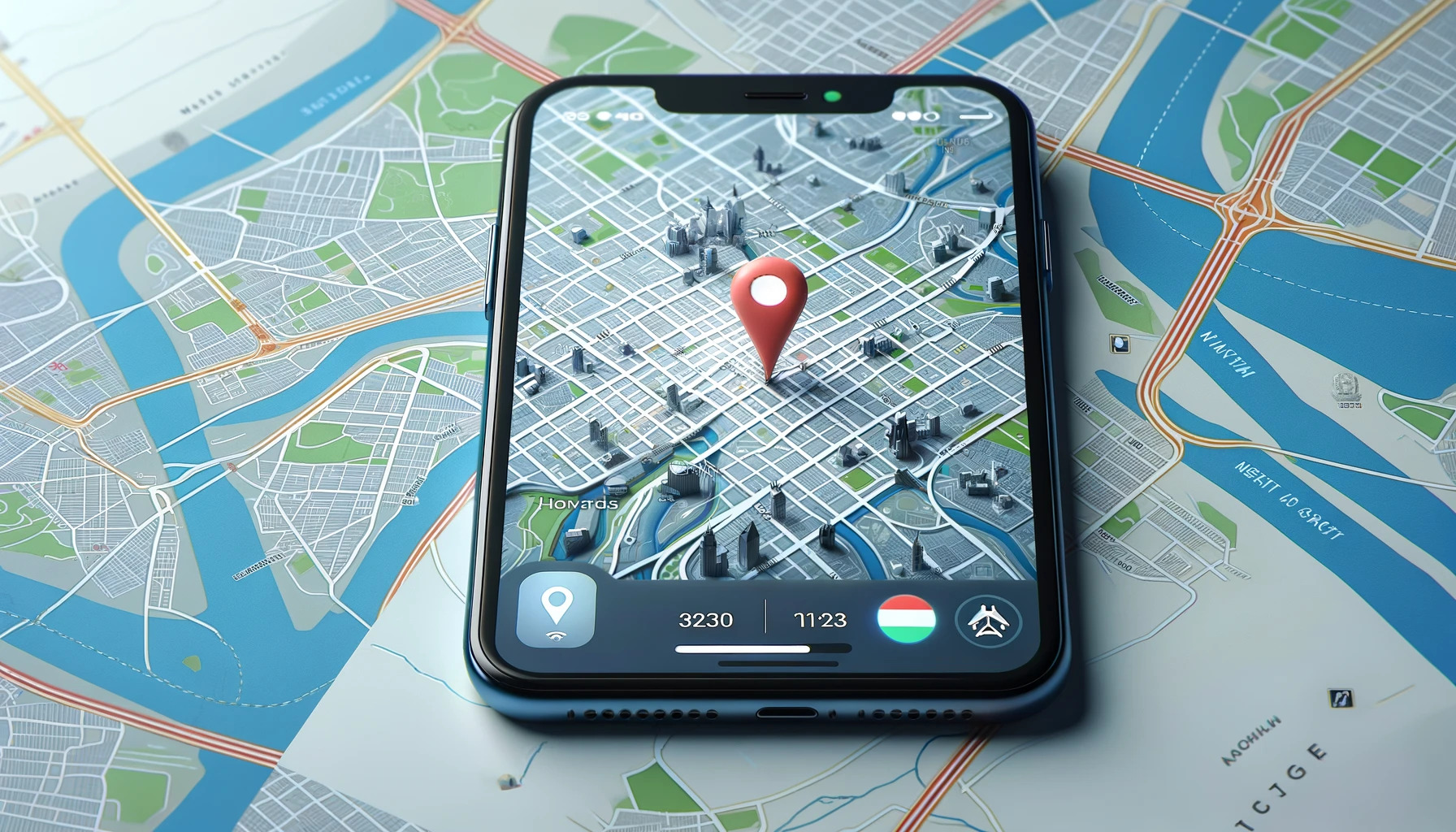 Een smartphone met een kaartweergave op het scherm toont een grote rode pin die een locatie markeert. De smartphone ligt op een fysieke kaart van een stedelijk gebied met rivieren en wegen. Op het scherm van de smartphone zijn ook andere navigatiesymbolen en tijdsaanduidingen zichtbaar.