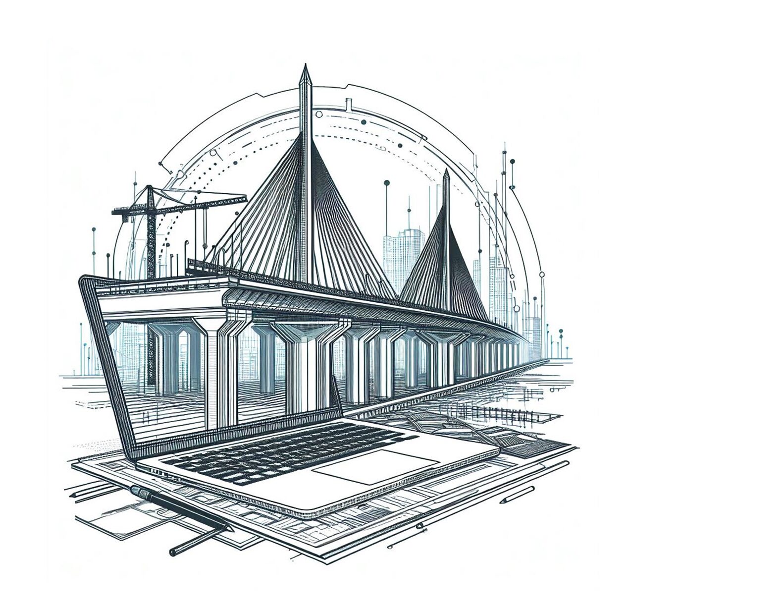 Line drawing of a civil engineering structure (a bridge) rising from a laptop. Created by DallE.