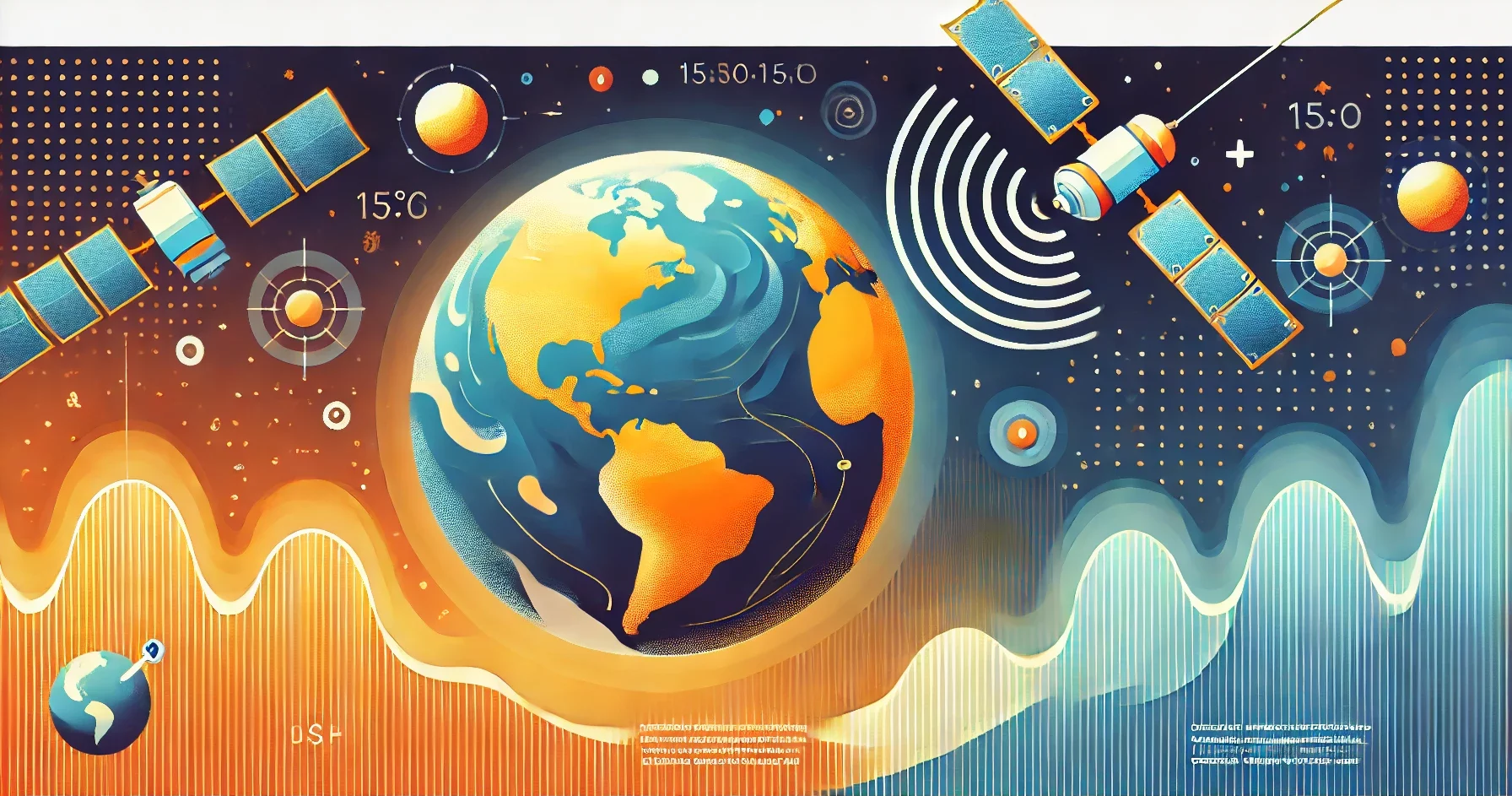 A colorful image showing remote sensing. The Earth is visible, as are two satellites.